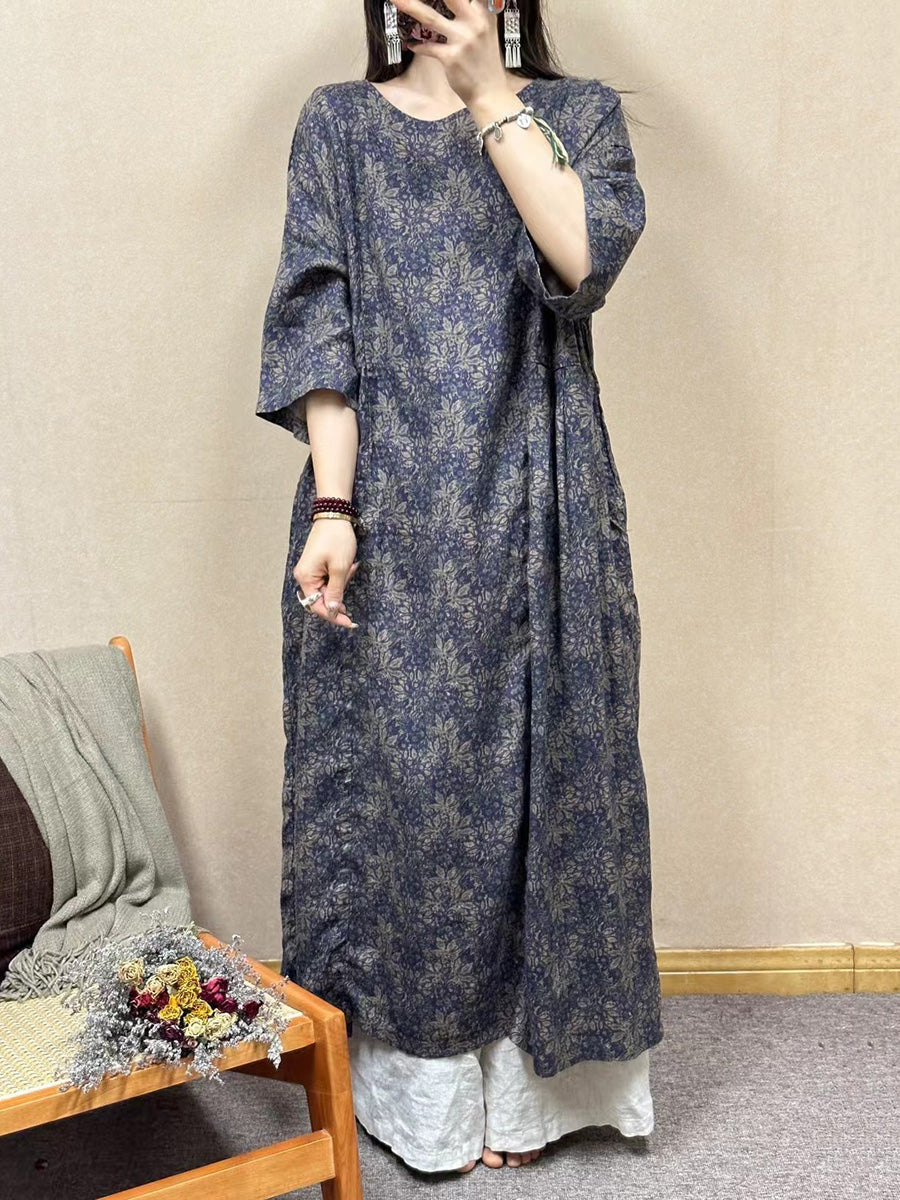 Women Summer Vintage Flower Linen O-Neck Loose Dress LL030