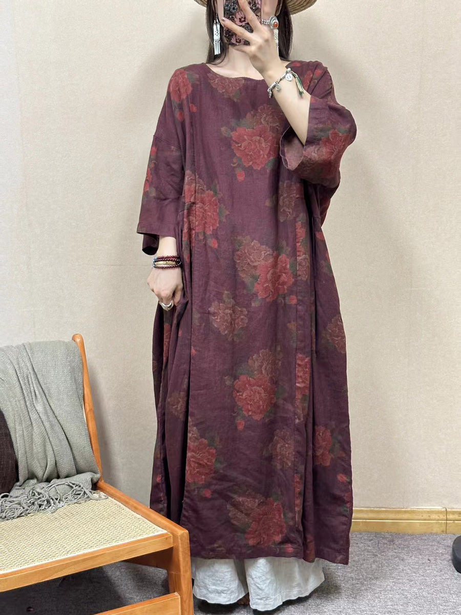 Women Summer Vintage Flower Linen O-Neck Loose Dress LL030