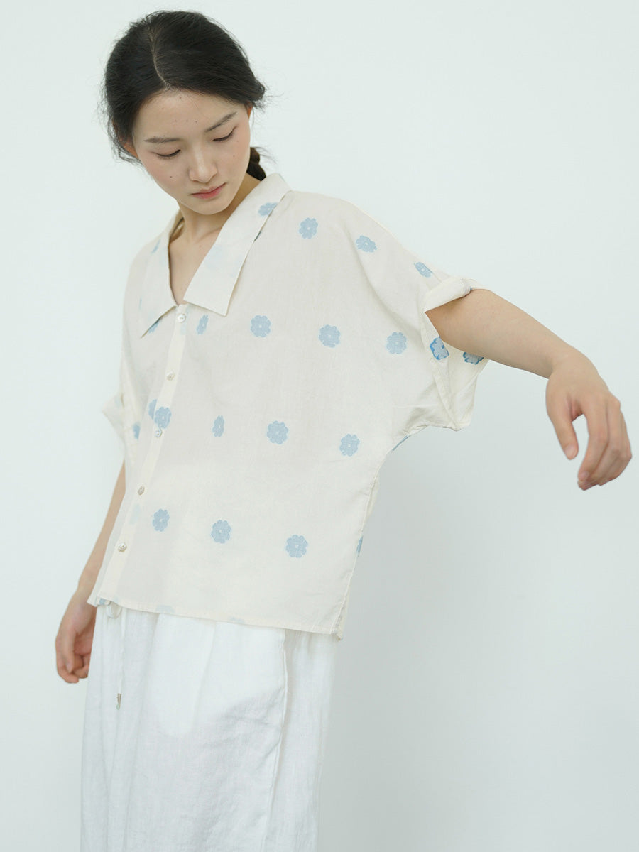 Women Summer Artsy Flower Jacquard Button-up Cotton Shirt LL031