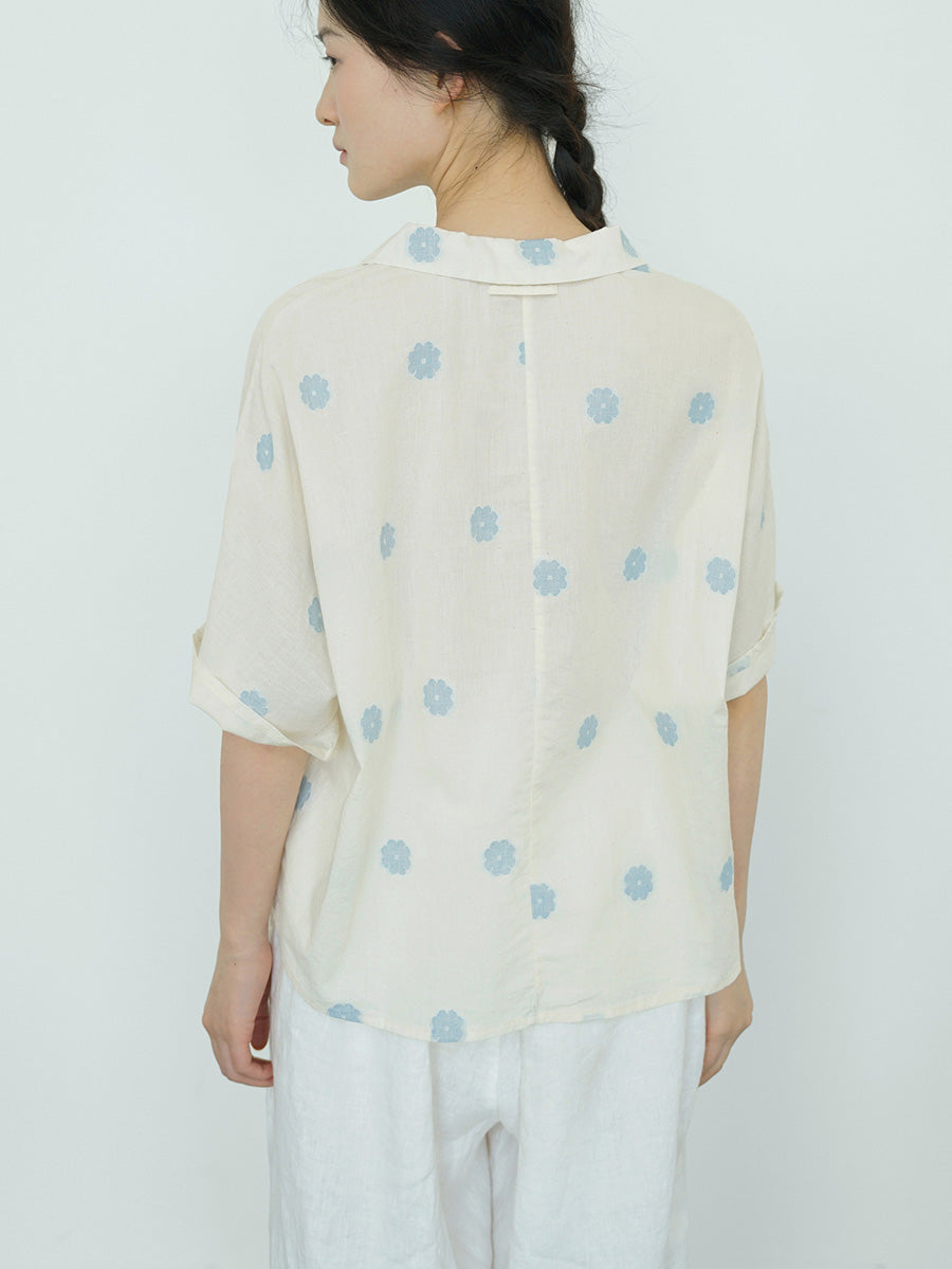 Women Summer Artsy Flower Jacquard Button-up Cotton Shirt LL031