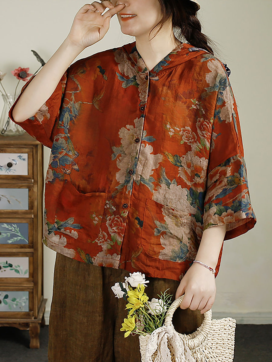 Women Summer Flower Print Button-up Ramie Hooded Shirt LL036