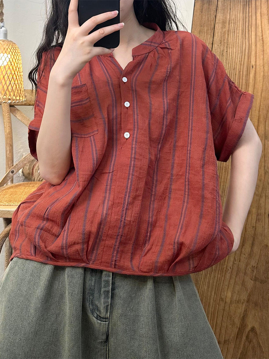 Women Summer Casual Stripe Colorblock Linen Loose Shirt LL045