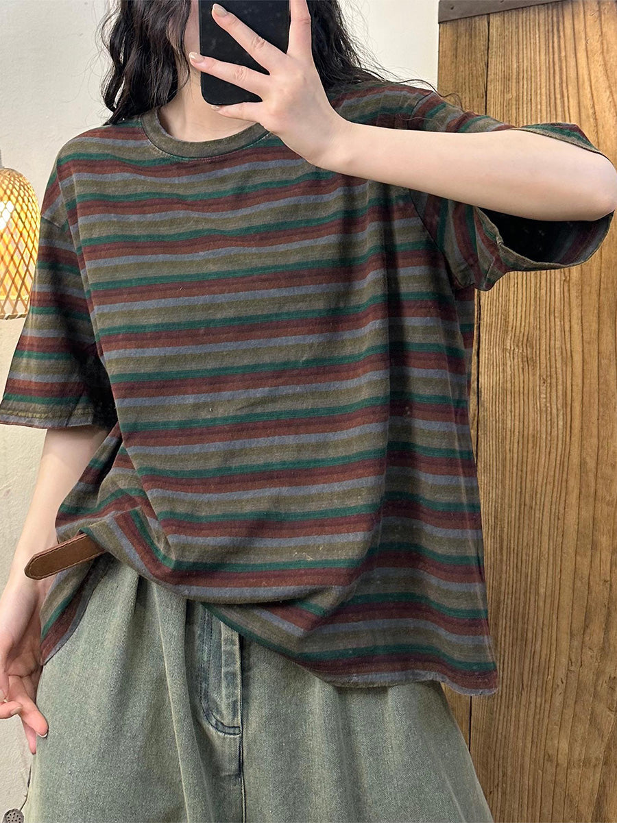 Women Summer Casual Stripe Cotton Pullover Shirt LL044