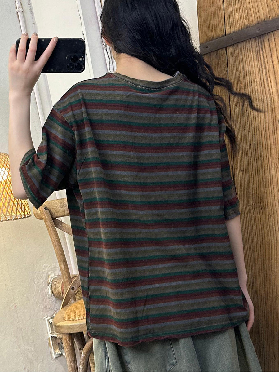 Women Summer Casual Stripe Cotton Pullover Shirt LL044