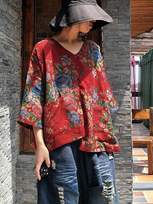 Women Vintage Flower V-Neck  Irregular Spliced Cotton Shirt RR026