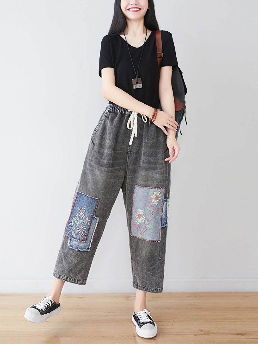 Pantalon en denim épissé à patchs floraux vintage pour femme LL006