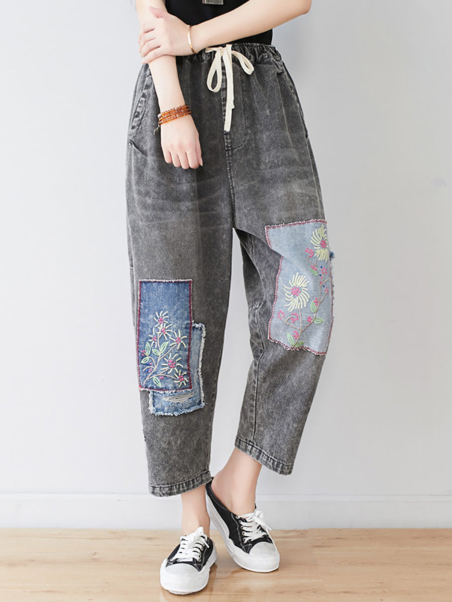 Pantalon en denim épissé à patchs floraux vintage pour femme LL006