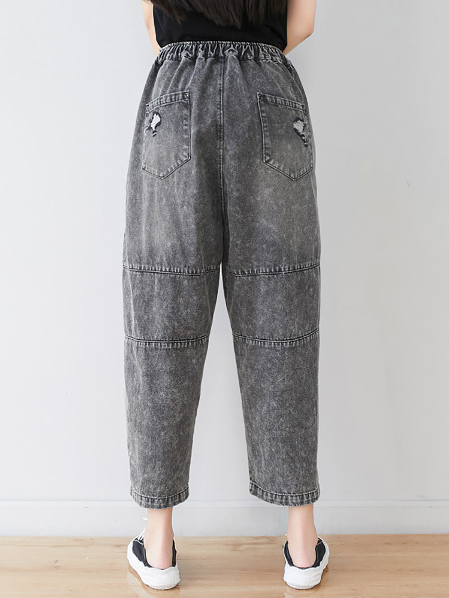 Pantalon en denim épissé à patchs floraux vintage pour femme LL006