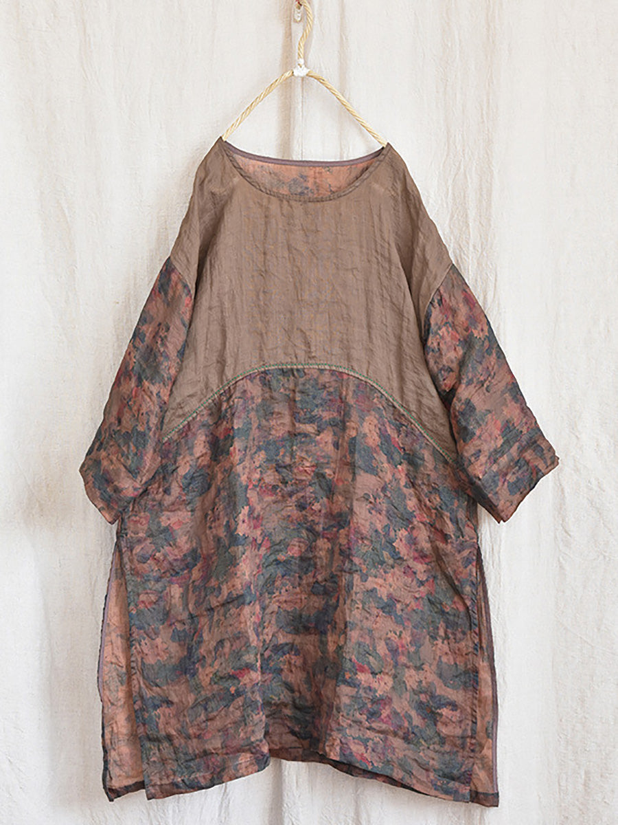 Women Summer Vintage Foral Spliced O-Neck Ramie Shirt LL017