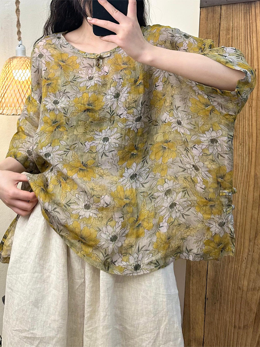 Women Summer Vintage Flower O-Neck Ramie Shirt LL014