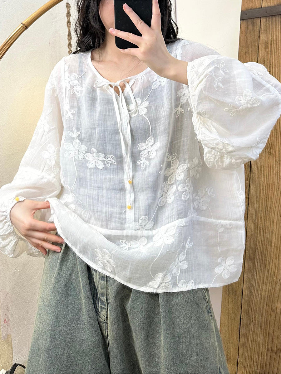 Women Summer Flower Embroidery Strap Ramie Shirt CC041