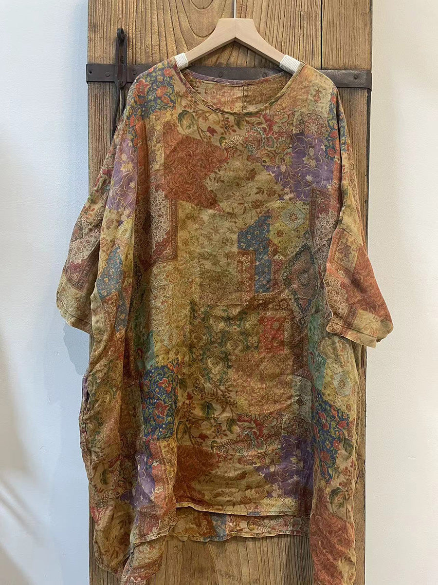 Chemise d'été en ramie à col rond et motif floral vintage pour femme CC017