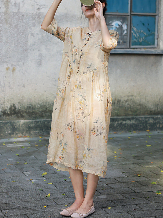 Frauen Sommer Artsy Button Floral Stehkragen Ramie Kleid CC006