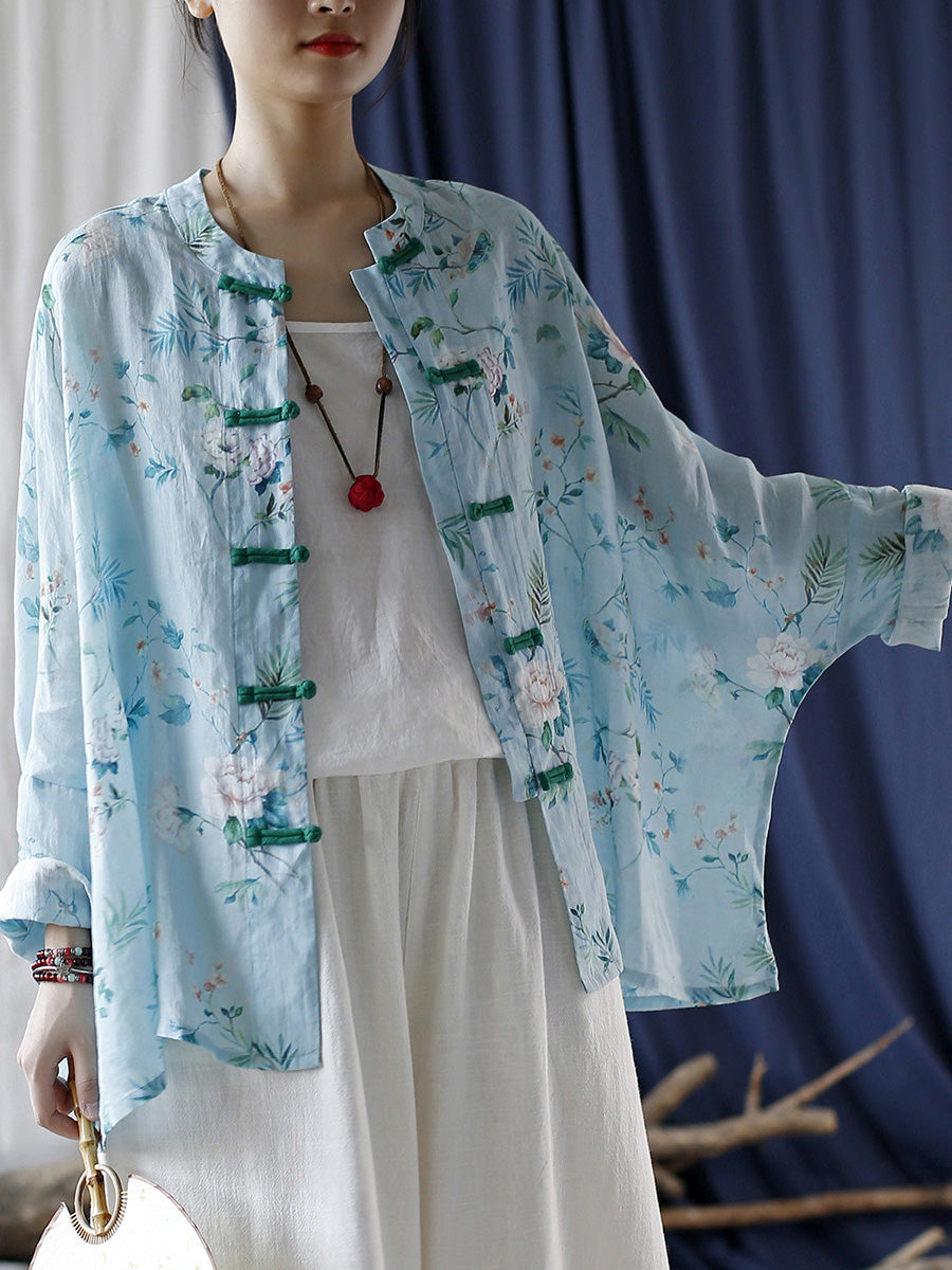 Women Summer Vintage Floral Button-up Ramie Shirt CX006