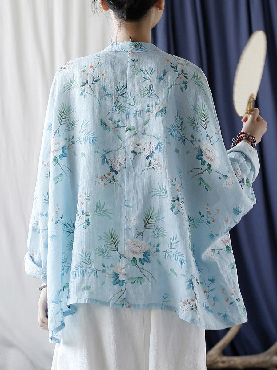 Women Summer Vintage Floral Button-up Ramie Shirt CX006