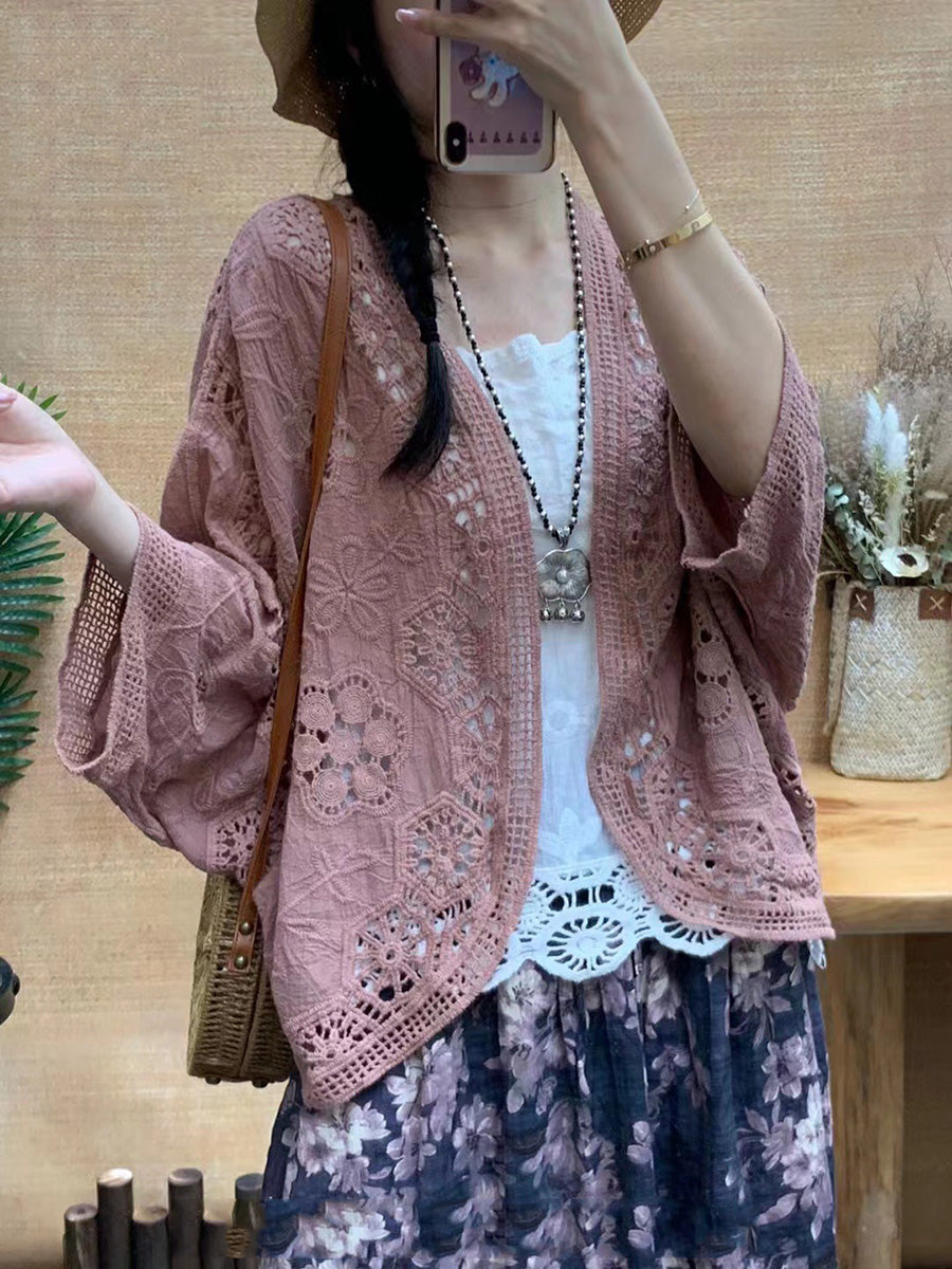 Women Summer Artsy Solid Flower Embroidery Cotton Shirt Coat CX027