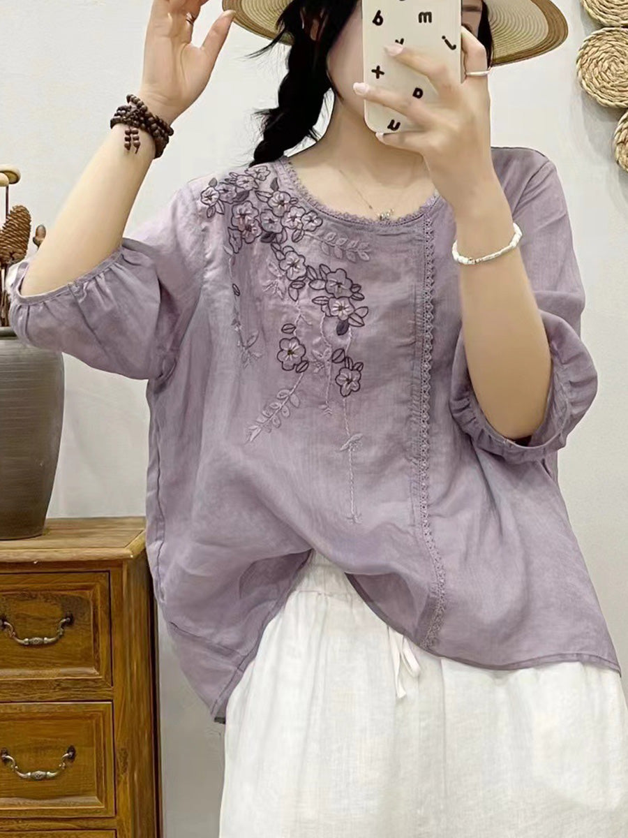 Women Summer Artsy Flower Embroidery Ramie Pullover Shirt CX028