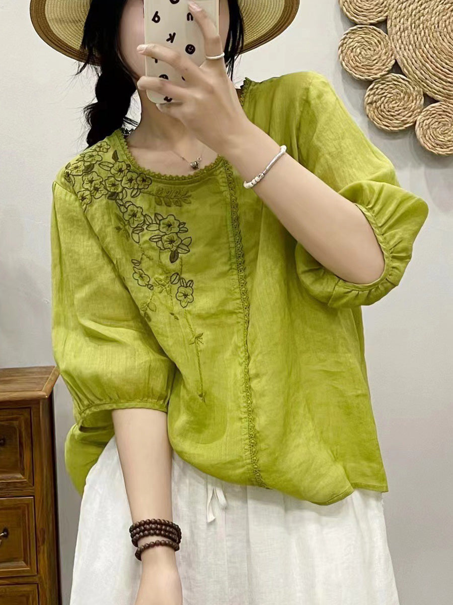 Women Summer Artsy Flower Embroidery Ramie Pullover Shirt CX028