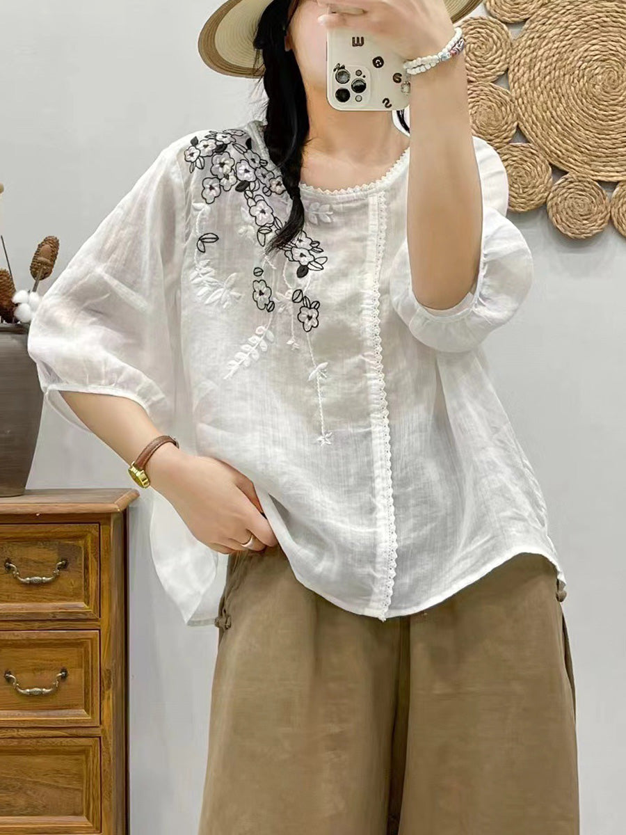 Women Summer Artsy Flower Embroidery Ramie Pullover Shirt CX028