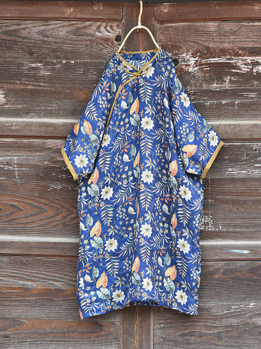 Robe d'été en lin à col montant et motif floral vintage pour femme CX054