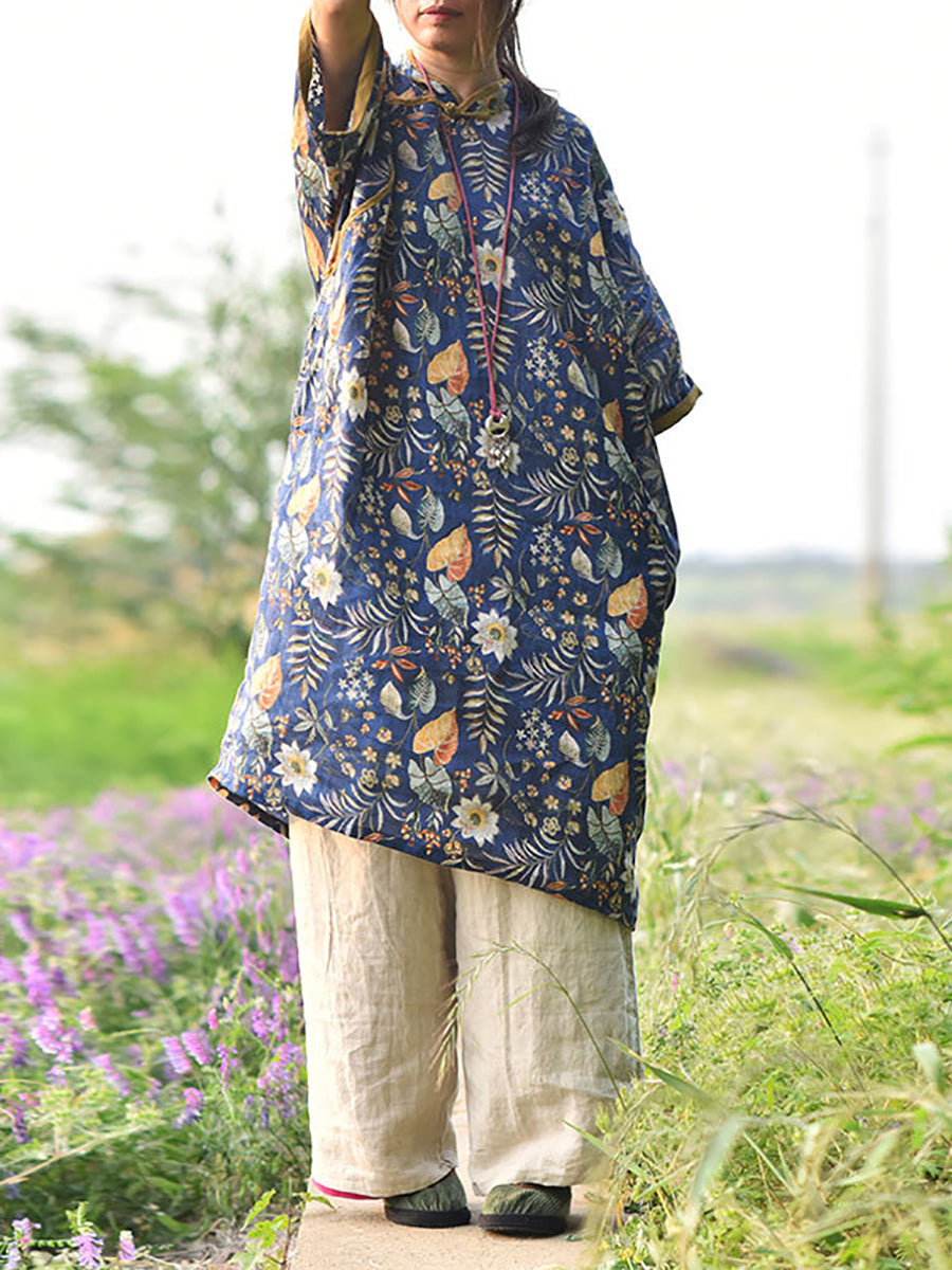 Robe d'été en lin à col montant et motif floral vintage pour femme CX054