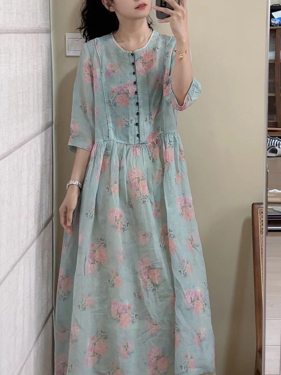 Women Summer Vintage Floral Button Ramie Dress CX061