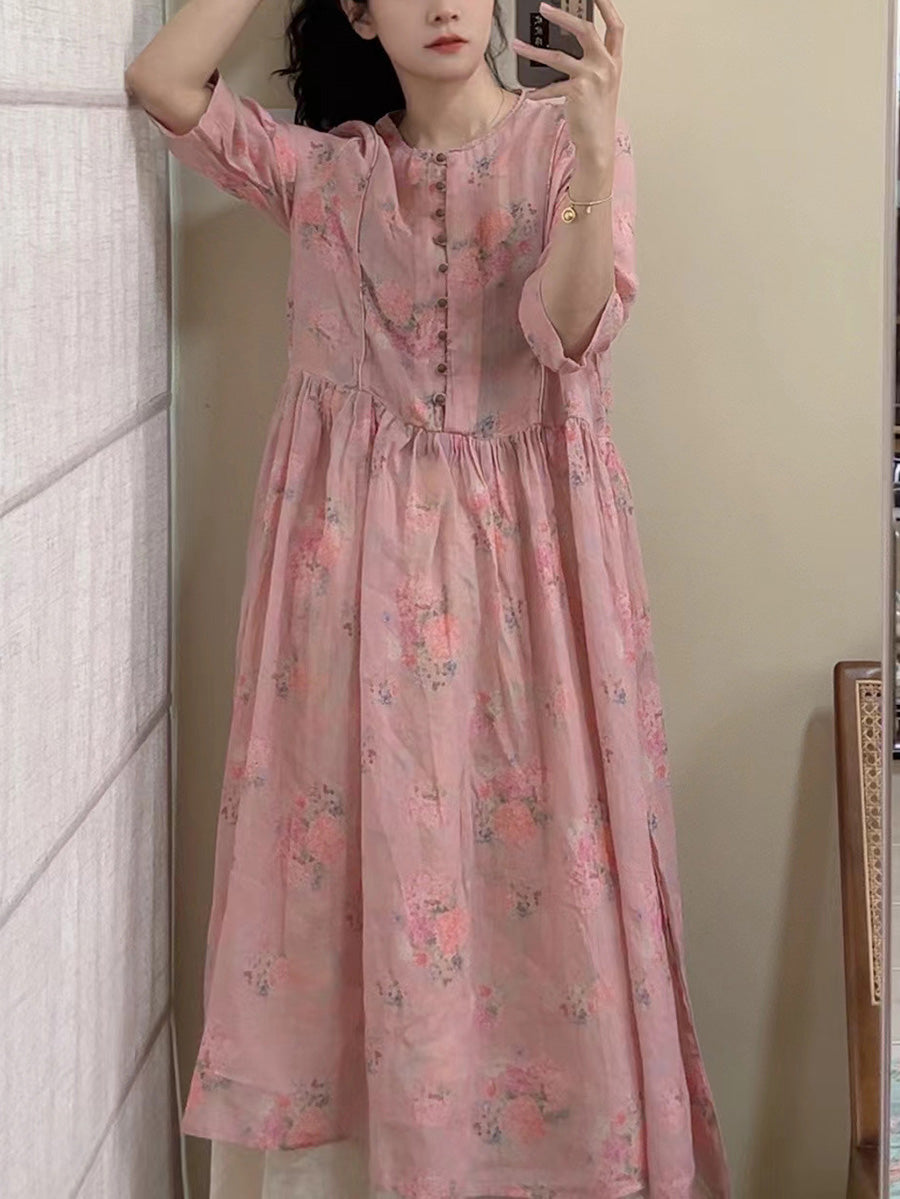 Women Summer Vintage Floral Button Ramie Dress CX061