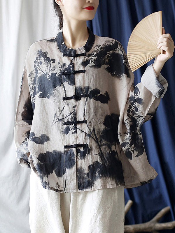 Women Summer Ethnic Ink-print Button-up Ramie Shirt FD021