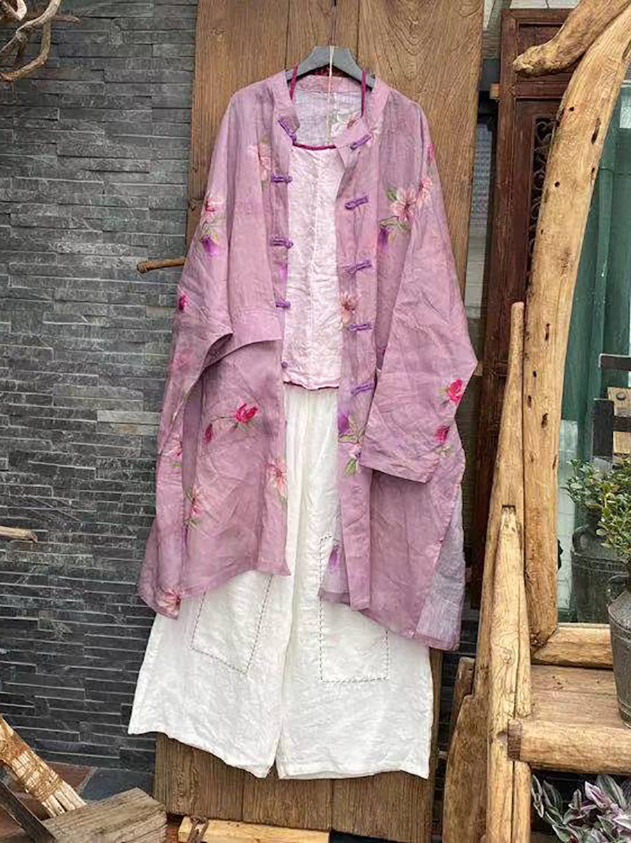 Manteau chemise boutonné à fleurs vintage d'été pour femmes en ramie FD008