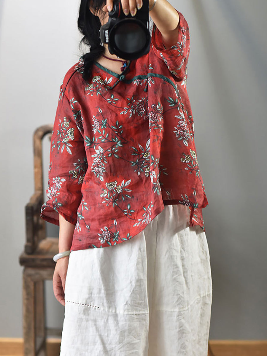 Women Summer Vintage Flower V-Neck Ramie Shirt FD041