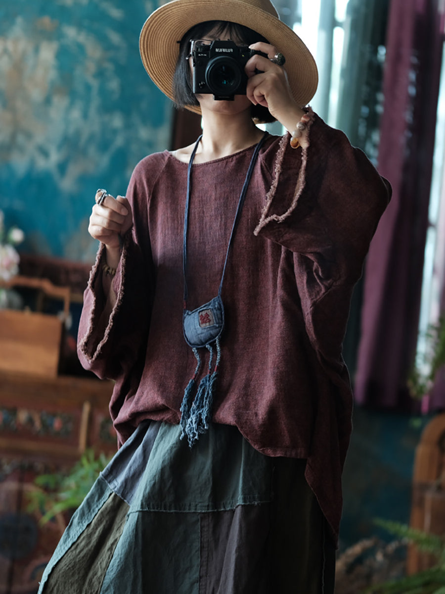 Women Vintage Raw-edge Solid Loose Cotton Blouse AS1045