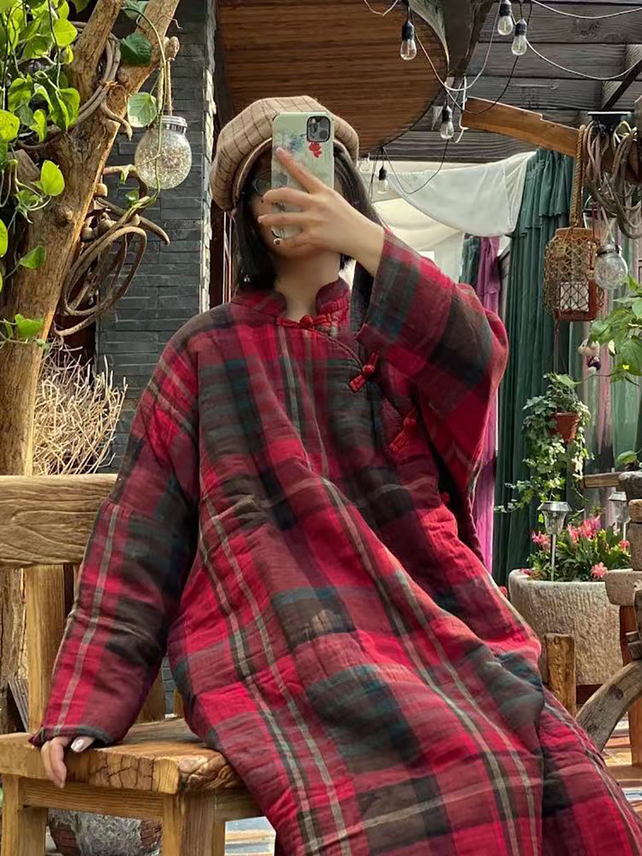 Women Vintage Plaid Winter Button Cotton Robe Coat AS1044