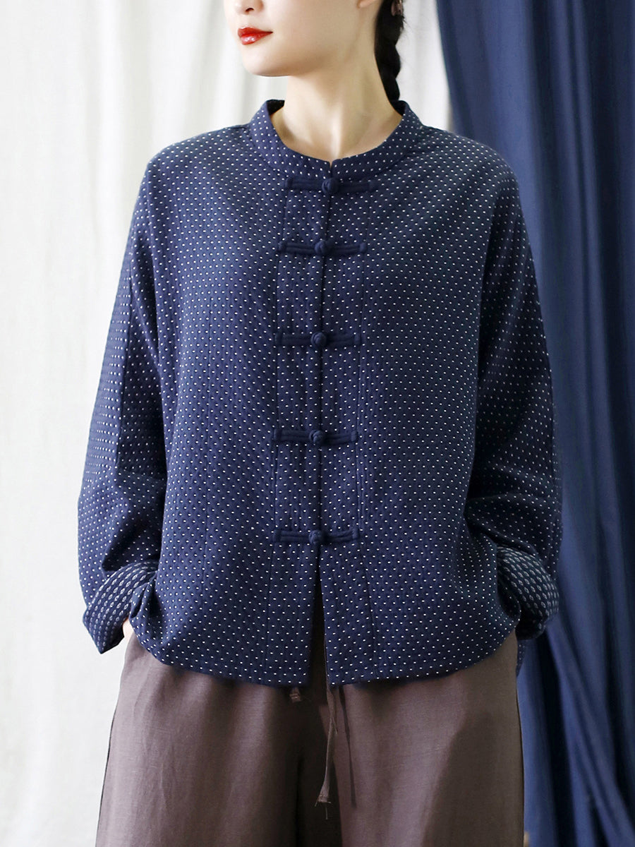 Women Autumn Vintage Dot Button Stand Collar Cotton Jacket AT1062