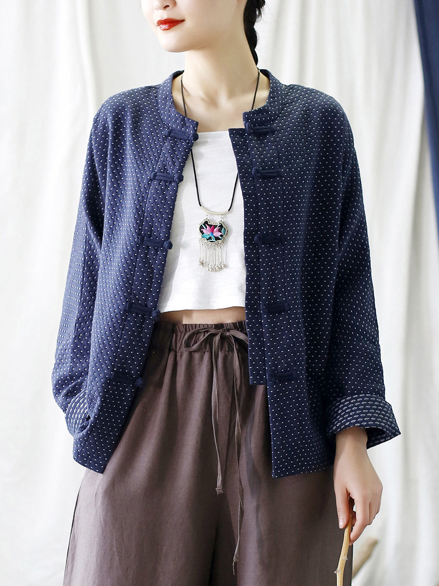 Women Autumn Vintage Dot Button Stand Collar Cotton Jacket AT1062