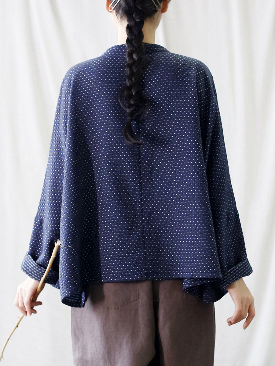 Women Autumn Vintage Dot Button Stand Collar Cotton Jacket AT1062