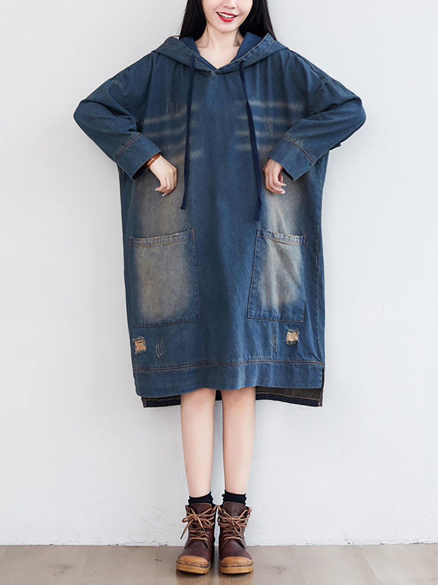 Robe à capuche en denim délavé vintage pour femme AT1066 