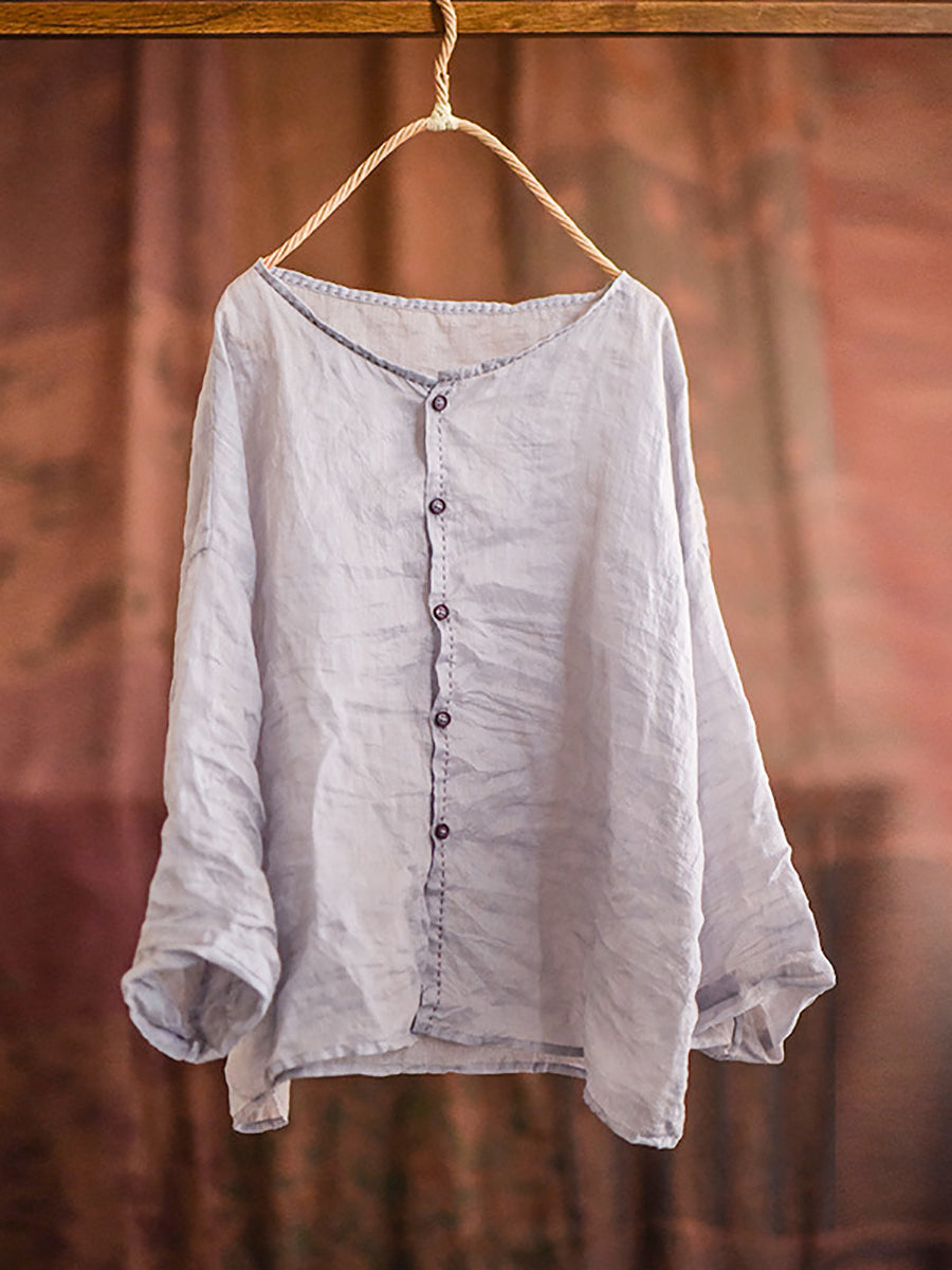 Women Summer Vintage Stitching Button Ramie Blouse AT1063