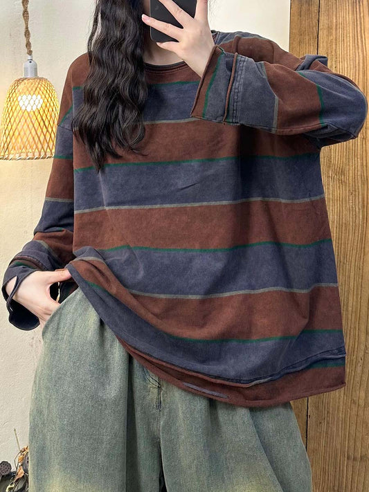 Women Autumn Vintage Colorblock Stripe O-Neck Cotton Blouse AT1071