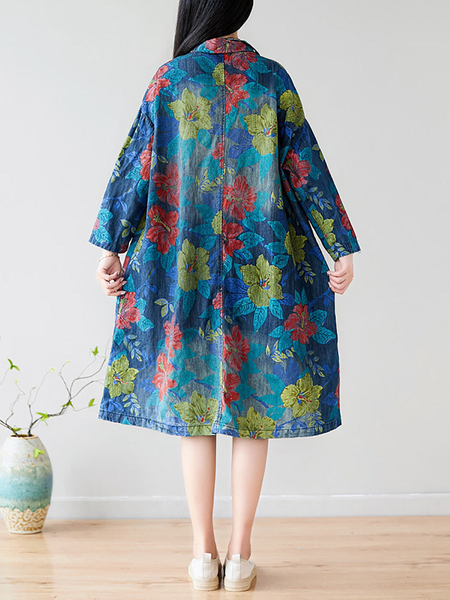 Women Autumn Artsy Flower Denim Pocket Coat AT1049