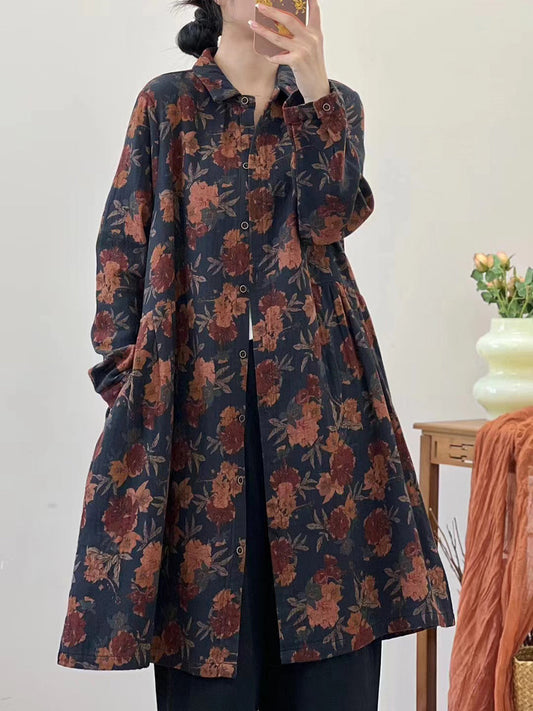 Women Autumn Vintage Flower Loose Cotton Shirt Coat AT1051