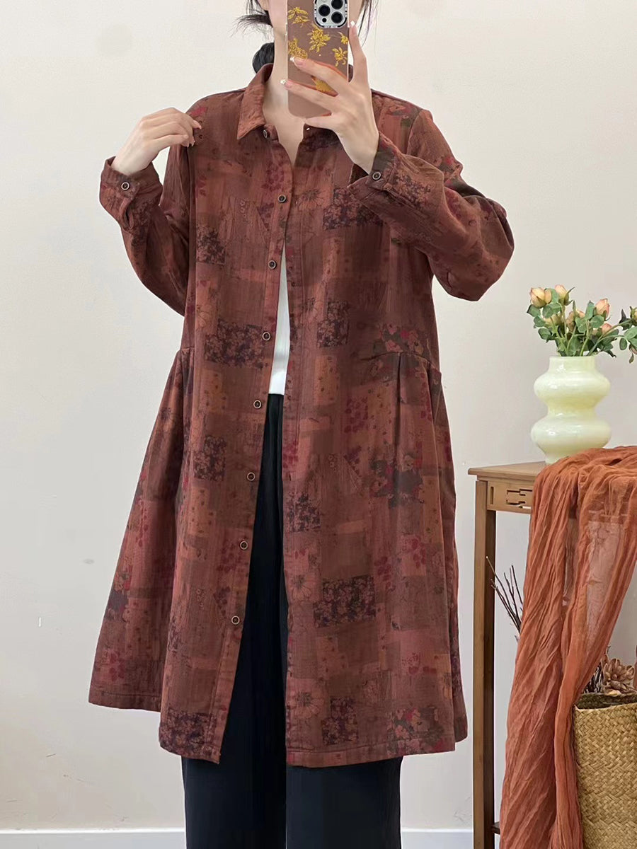 Women Autumn Vintage Flower Loose Cotton Shirt Coat AT1051