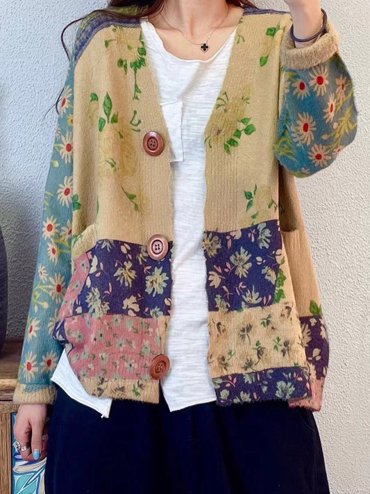 Women Autumn Floral Colorblock V-Neck Knit Cardigan Sweater AT1047