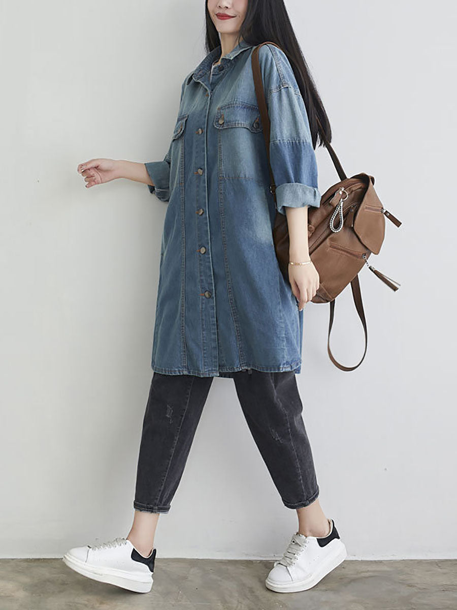 Women Autumn Casual Solid Pocket Denim Shirt Coat AS1001