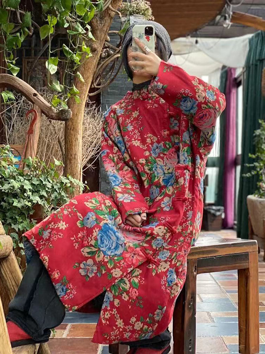 Women Ethnic Red Flower Slant Closure Cotton Padded Coat AI1015