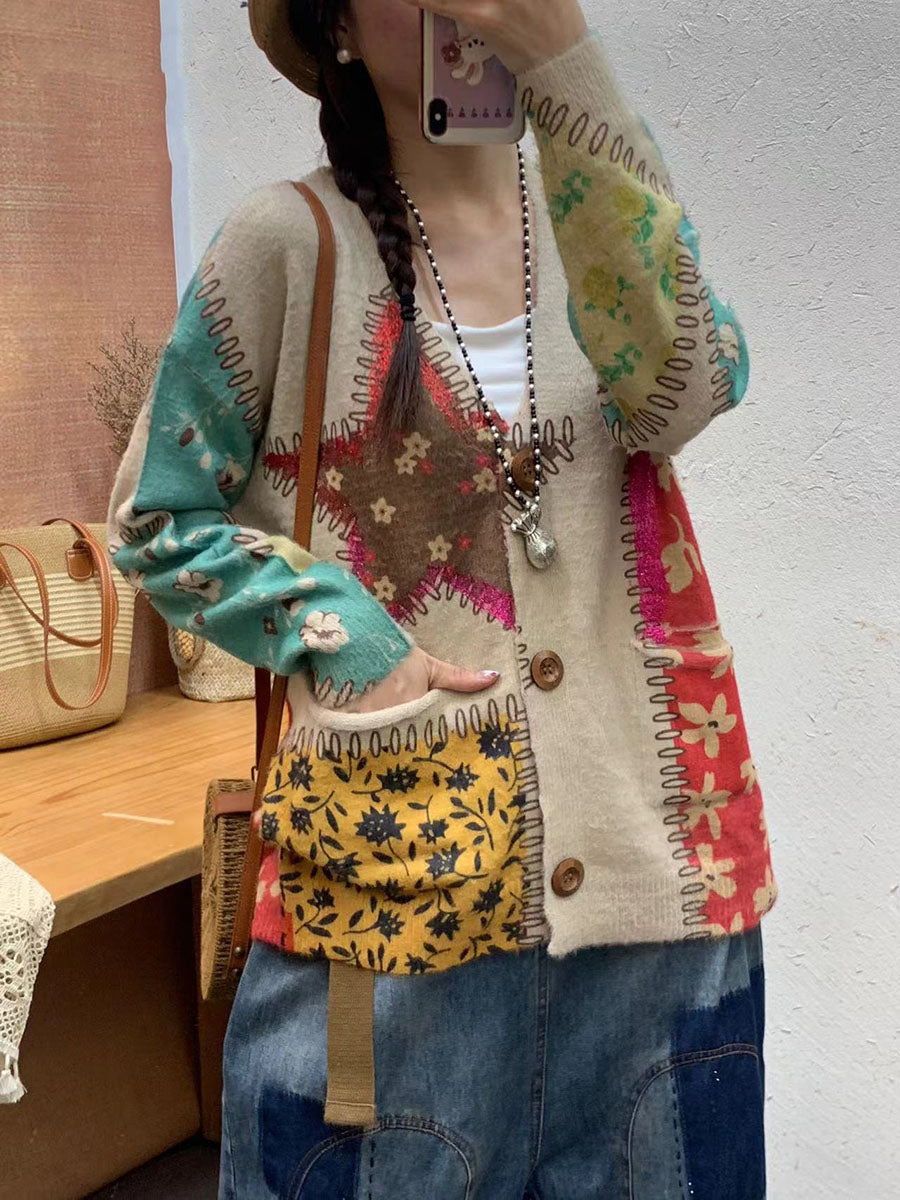 Women Autumn Flower Pocket V-Neck Knit Cardigan Sweater AI1056