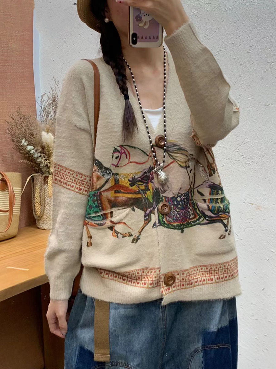 Women Autumn Flower Pocket V-Neck Knit Cardigan Sweater AI1056