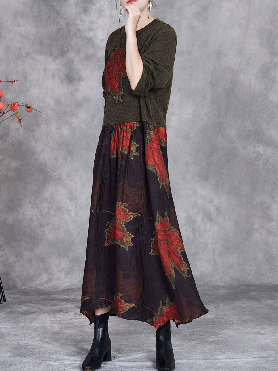 Robe ample à col rond et ourlet irrégulier pour femme avec feuille d'érable AI1054