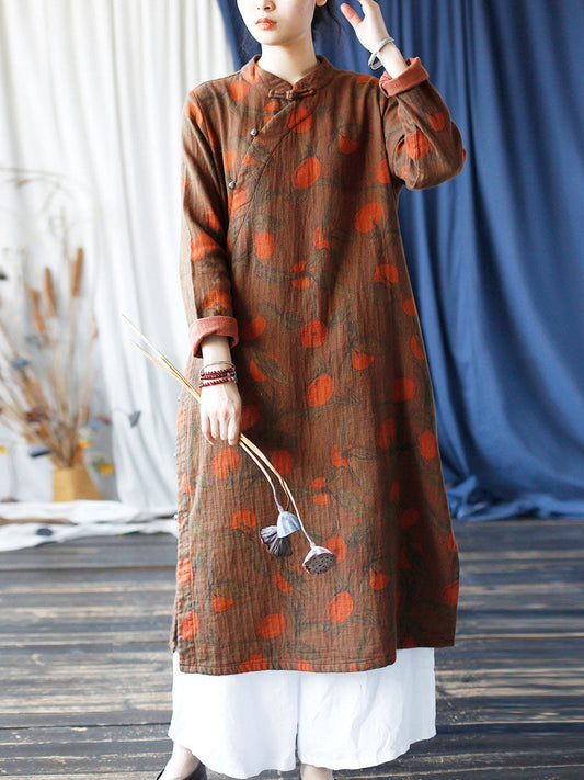 Women Ethnic Autumn Apple Print Cotton Robe Dress AI1021