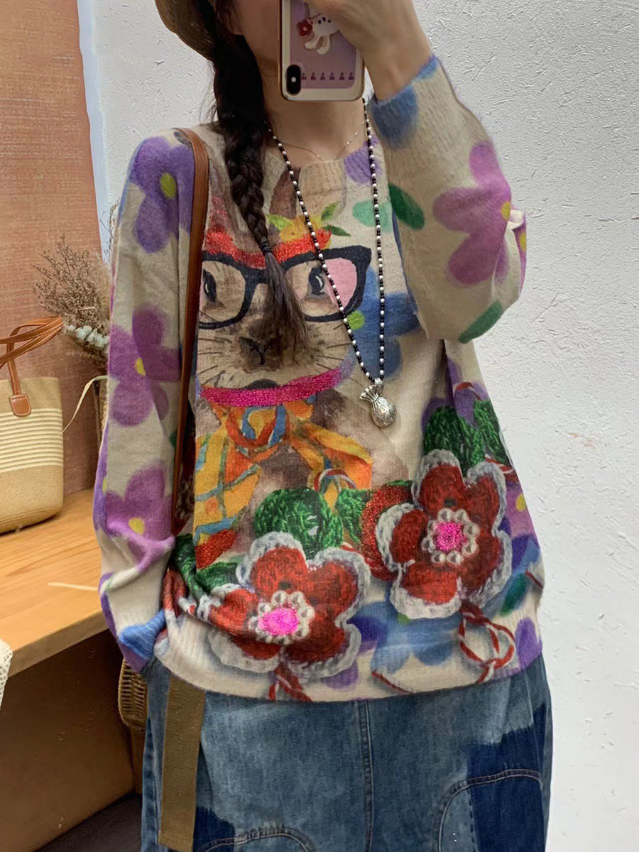 Women Autumn Artsy Flower O-Neck Knit Sweater AI1072