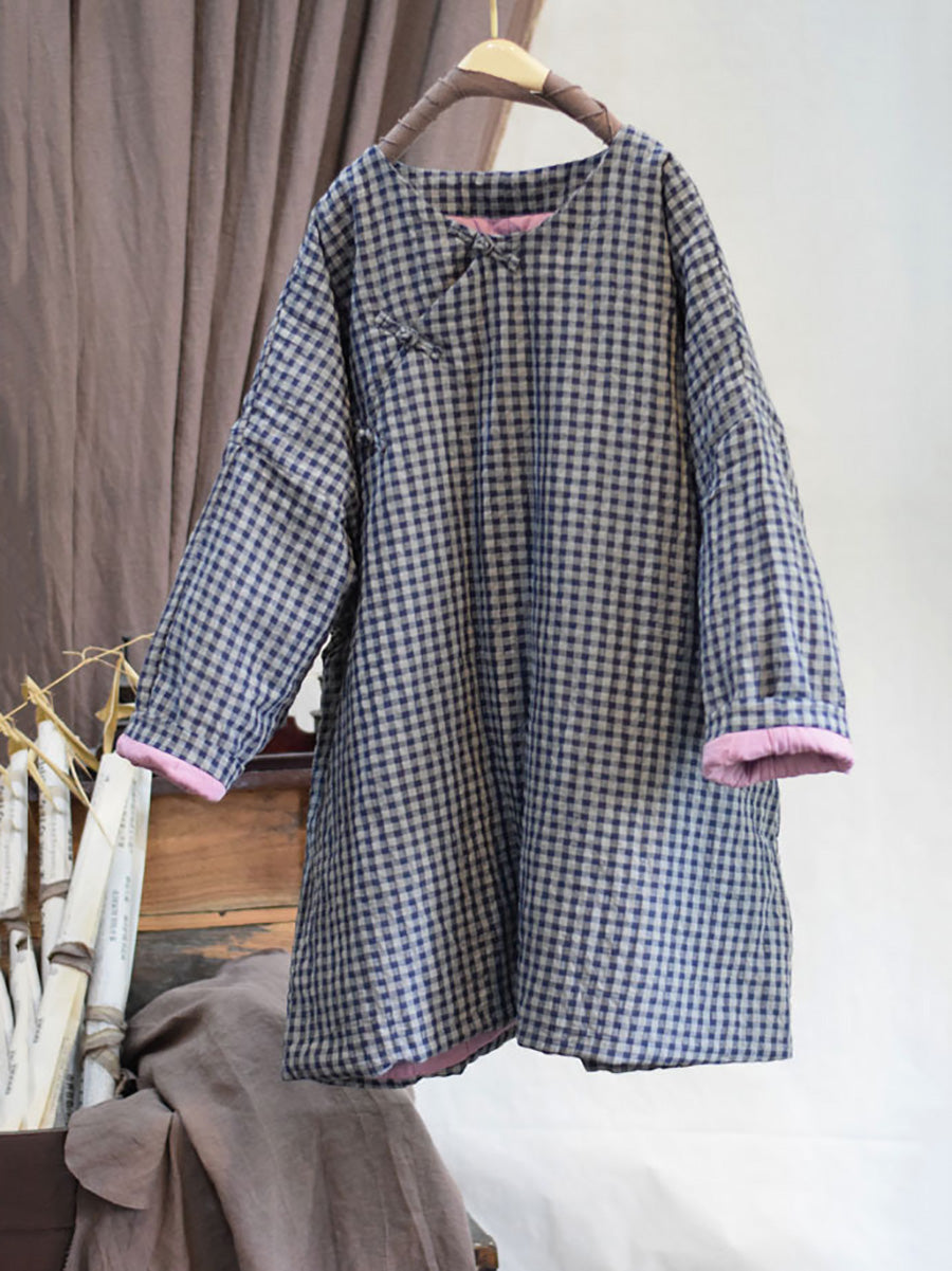 Women Autumn Ethnic Plaid Button O-Neck Linen Padded Coat AI1059